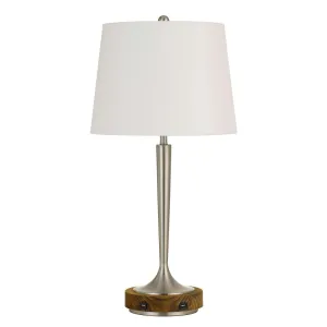 150W Metal Table Lamp With Oval Shade And 2 Usb Outlets, White And Silver By Benzara