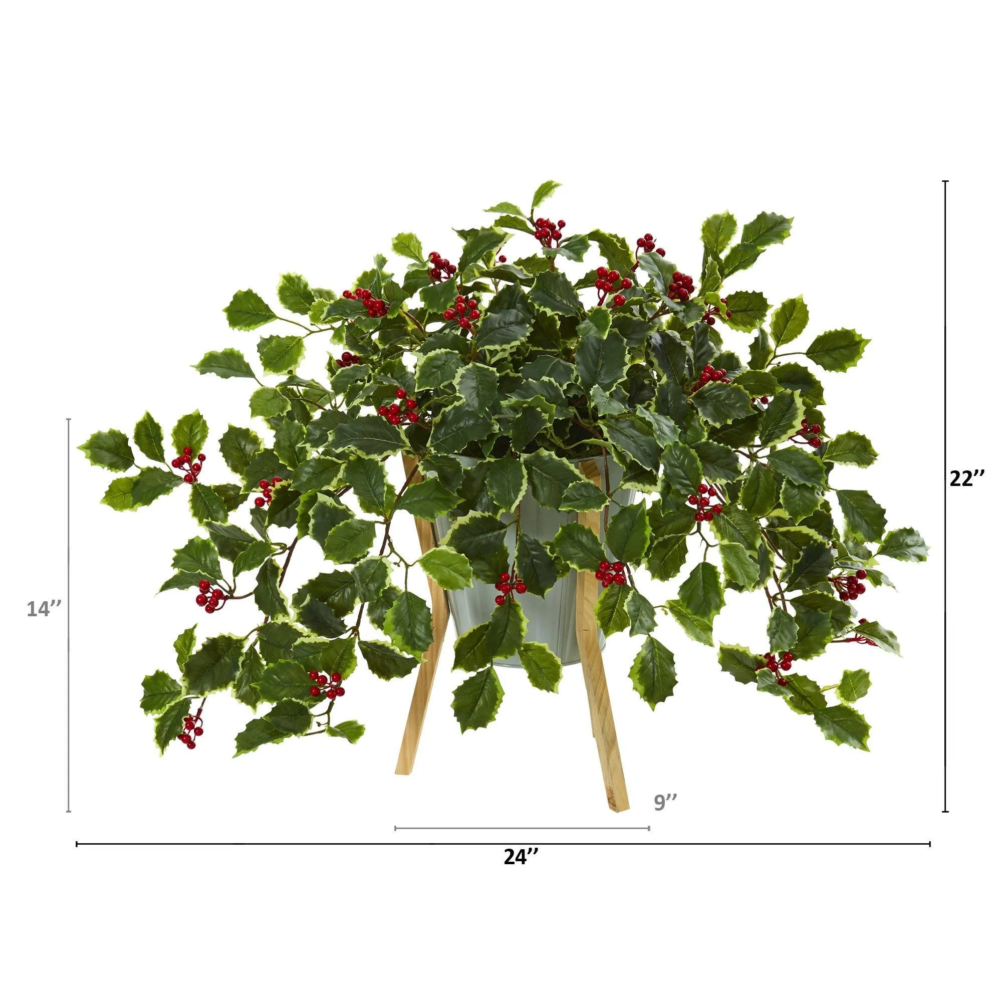 22” Variegated Holly Berry Artificial Plant in Green Planter with Stand (Real Touch)