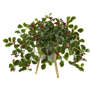 22” Variegated Holly Berry Artificial Plant in Green Planter with Stand (Real Touch)