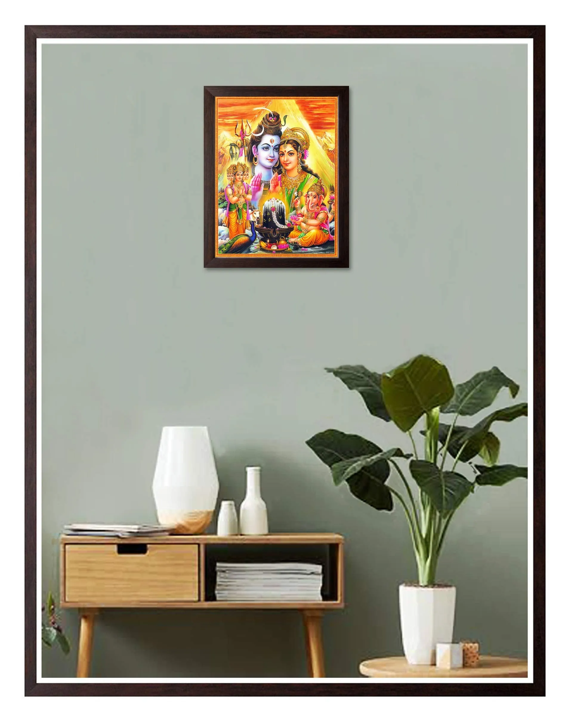 Art n Store Lord Shiva, Mata Parvati, Kartik with Ganesha, HD Printed Religious & Decor Painting with Plane Brown Frame (30 X 23.5 X 1.5 CM_ Brown Wood)