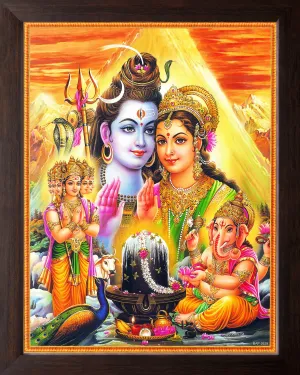 Art n Store Lord Shiva, Mata Parvati, Kartik with Ganesha, HD Printed Religious & Decor Painting with Plane Brown Frame (30 X 23.5 X 1.5 CM_ Brown Wood)