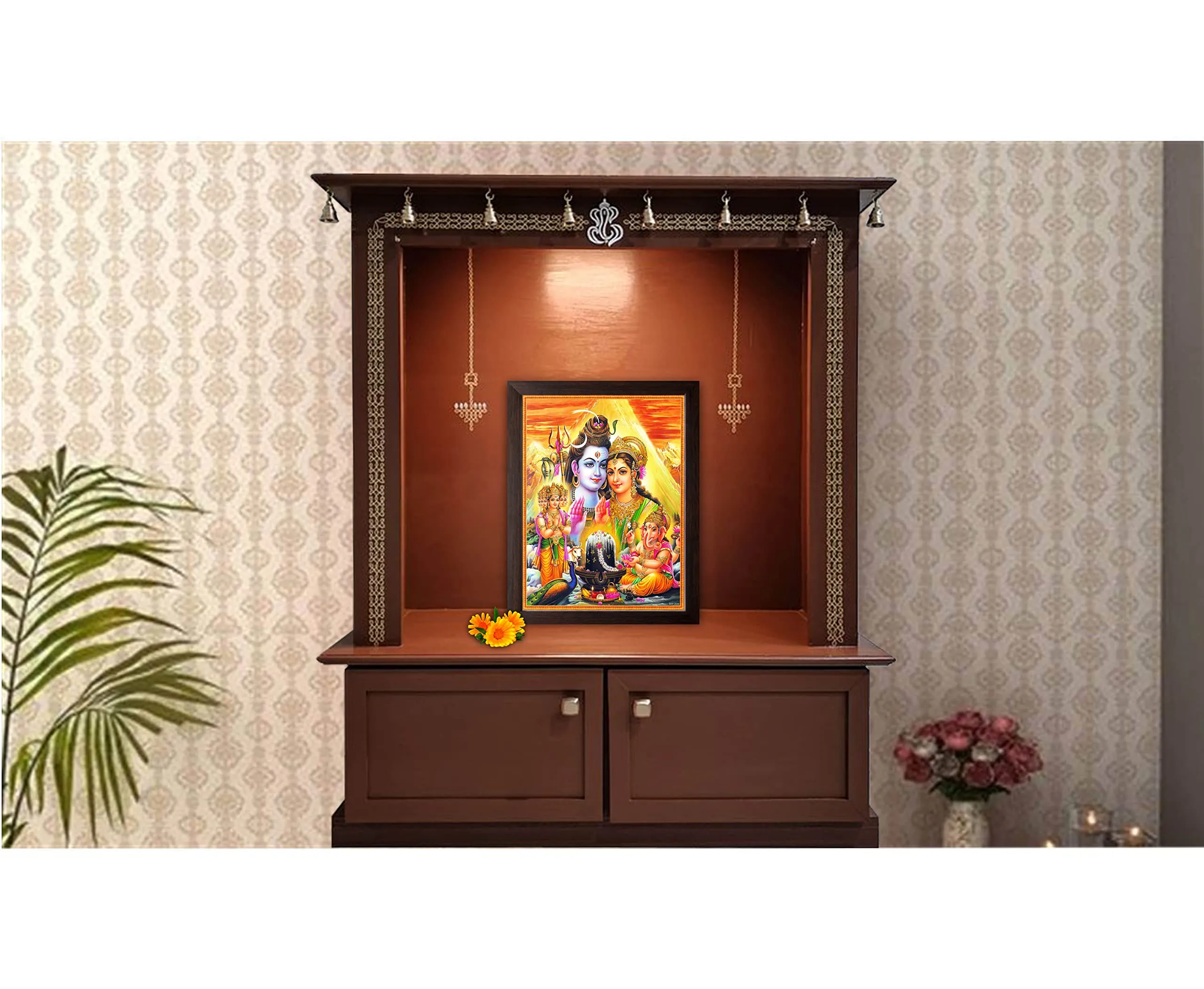 Art n Store Lord Shiva, Mata Parvati, Kartik with Ganesha, HD Printed Religious & Decor Painting with Plane Brown Frame (30 X 23.5 X 1.5 CM_ Brown Wood)