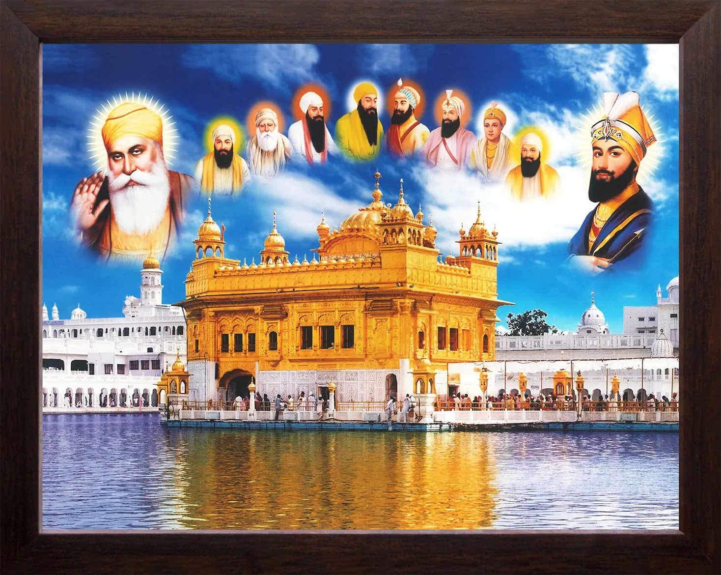 Art n Store Ten Sikh Gurus and Golden Temple HD Printed Religious & Decor Picture Painting with Frame (30 X 23.5 X 1.5 CM_ Brown Wood)