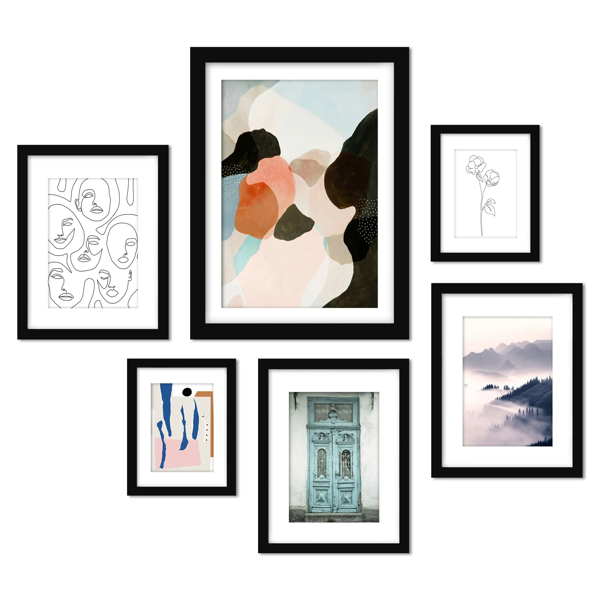 Black and White Contemporary Mixed Art - 6 Piece Framed Gallery Wall Set