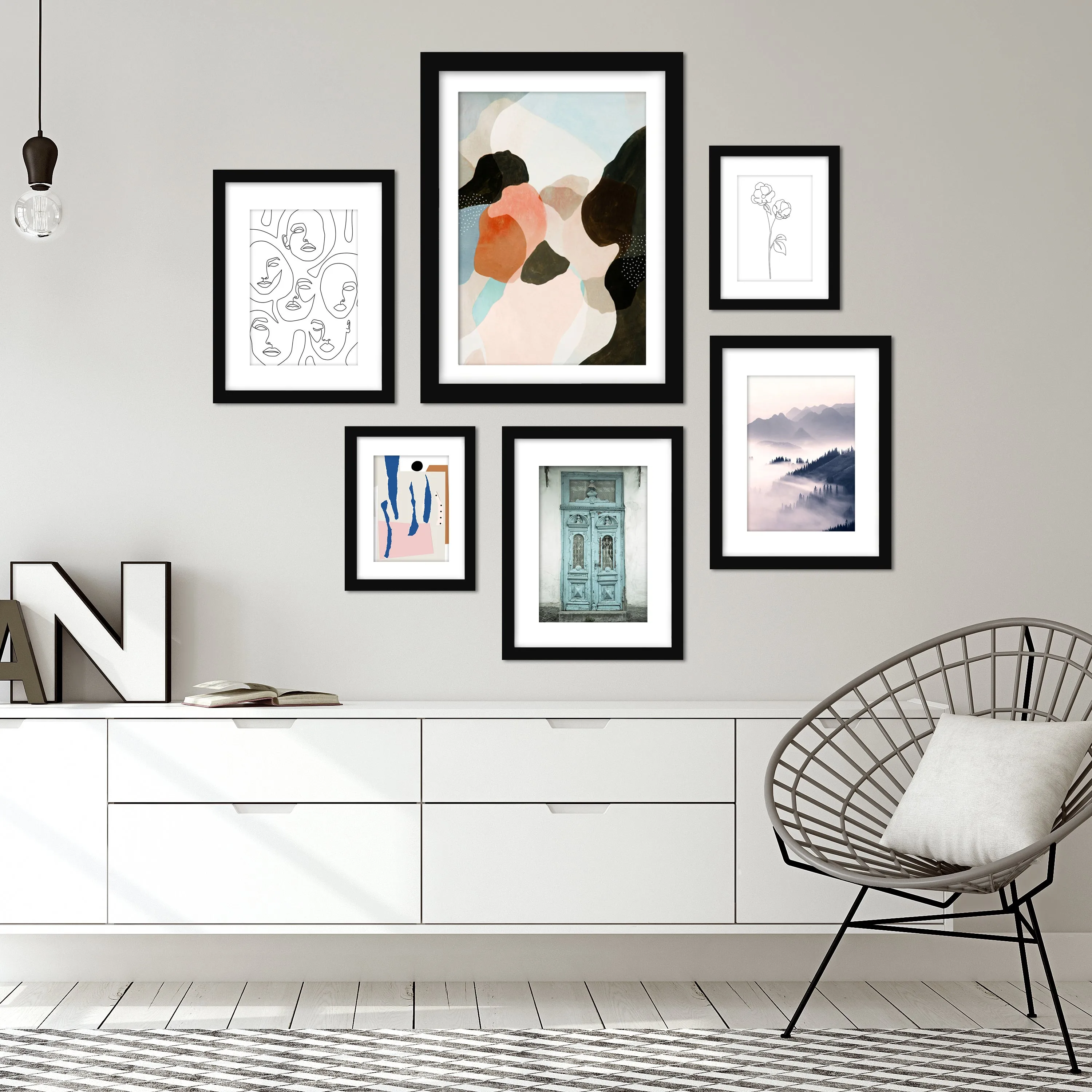 Black and White Contemporary Mixed Art - 6 Piece Framed Gallery Wall Set