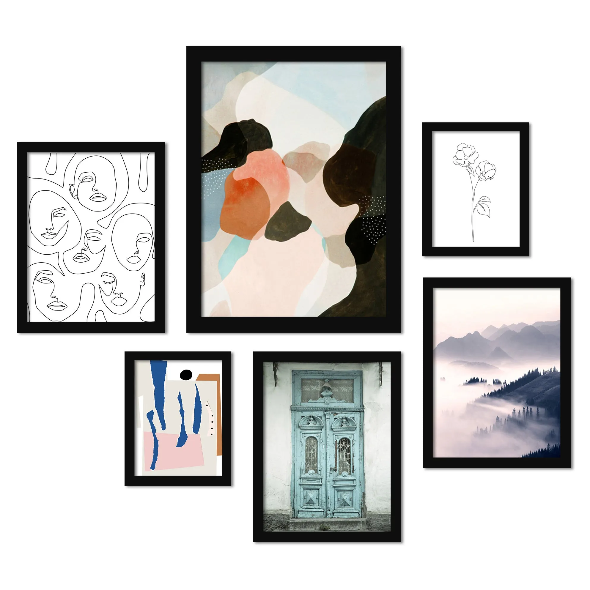 Black and White Contemporary Mixed Art - 6 Piece Framed Gallery Wall Set