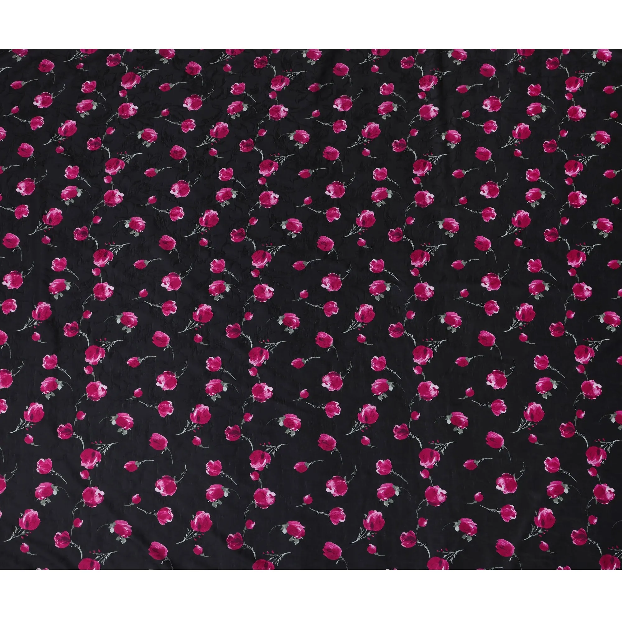 Black Japanese Floral Cotton Voile Fabric, Magenta & Green Flower Print, 110 cm Width-D20907