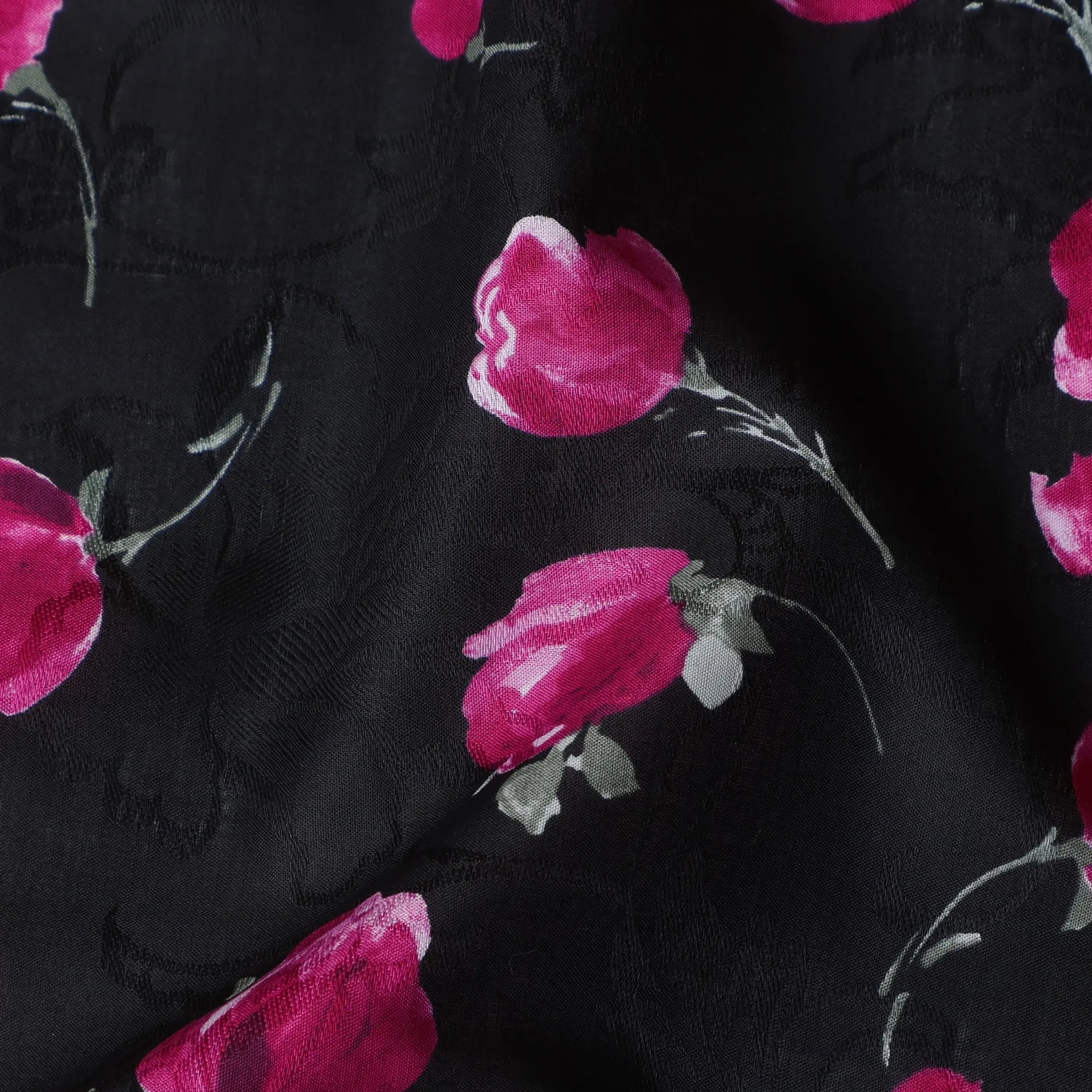 Black Japanese Floral Cotton Voile Fabric, Magenta & Green Flower Print, 110 cm Width-D20907