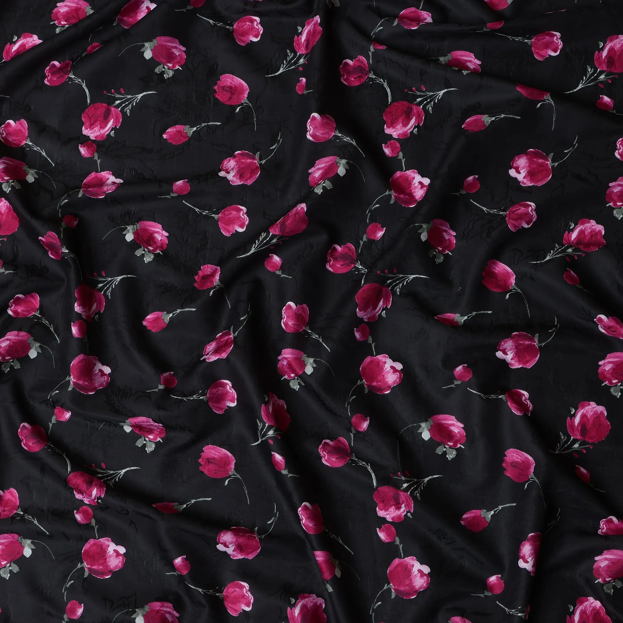 Black Japanese Floral Cotton Voile Fabric, Magenta & Green Flower Print, 110 cm Width-D20907