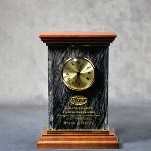 Black Marble Clock on Wooden Base