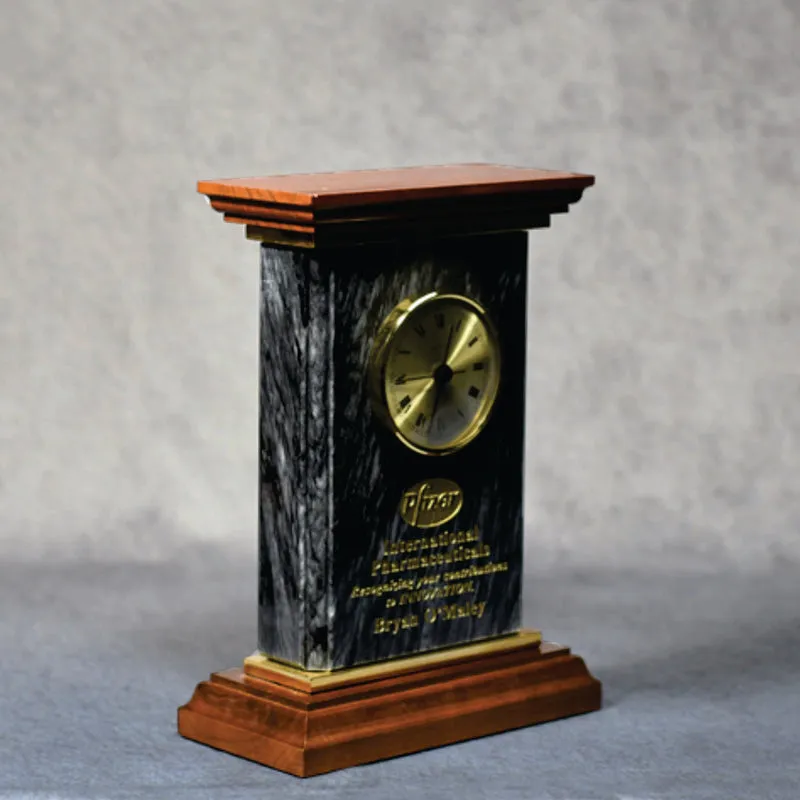 Black Marble Clock on Wooden Base