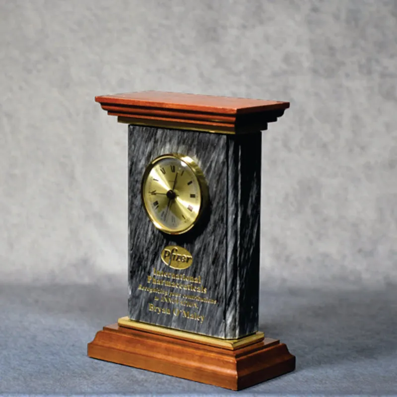 Black Marble Clock on Wooden Base