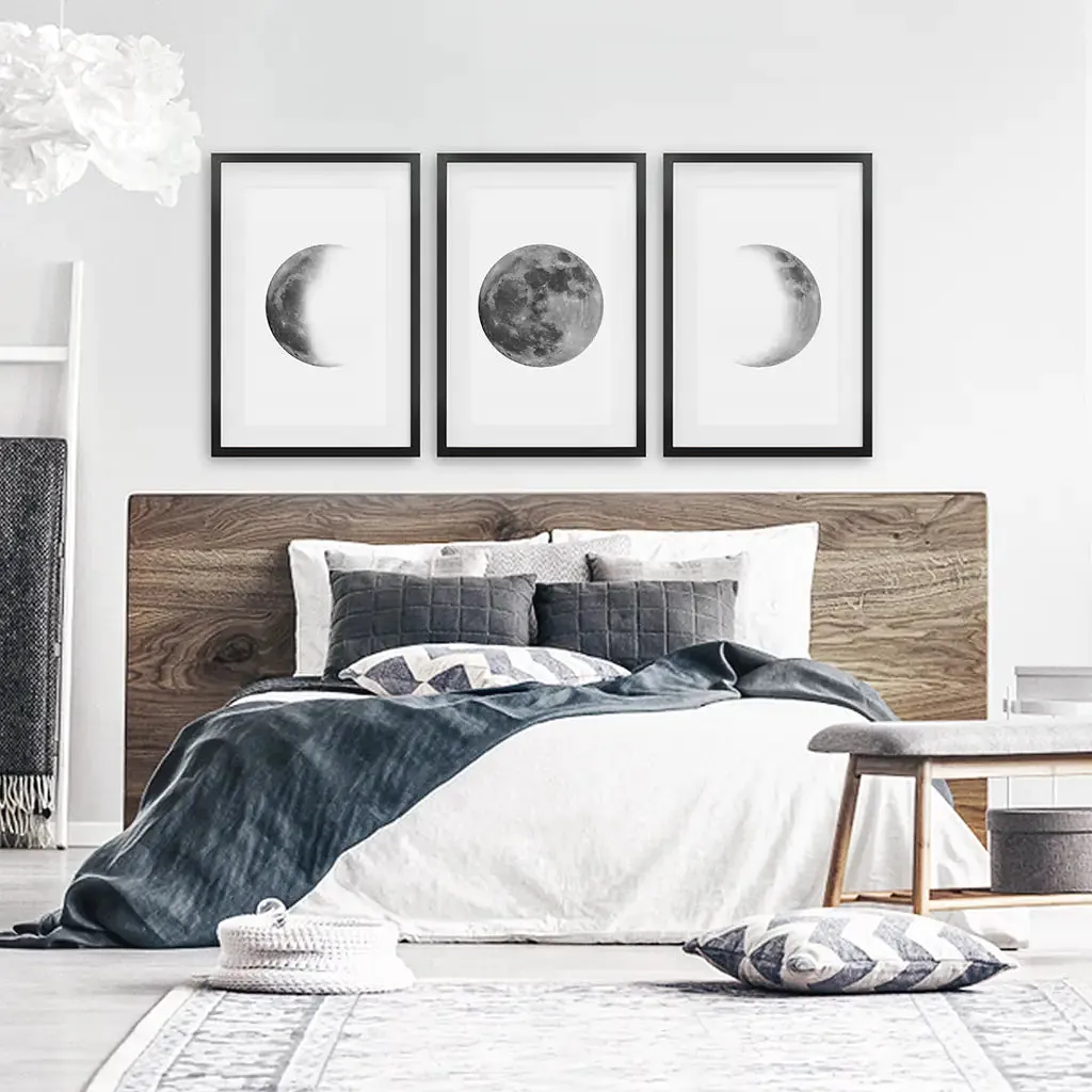 Black White MInimalist Moon Phases Wall Art. Set of 3 Prints