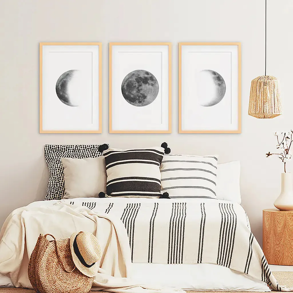 Black White MInimalist Moon Phases Wall Art. Set of 3 Prints