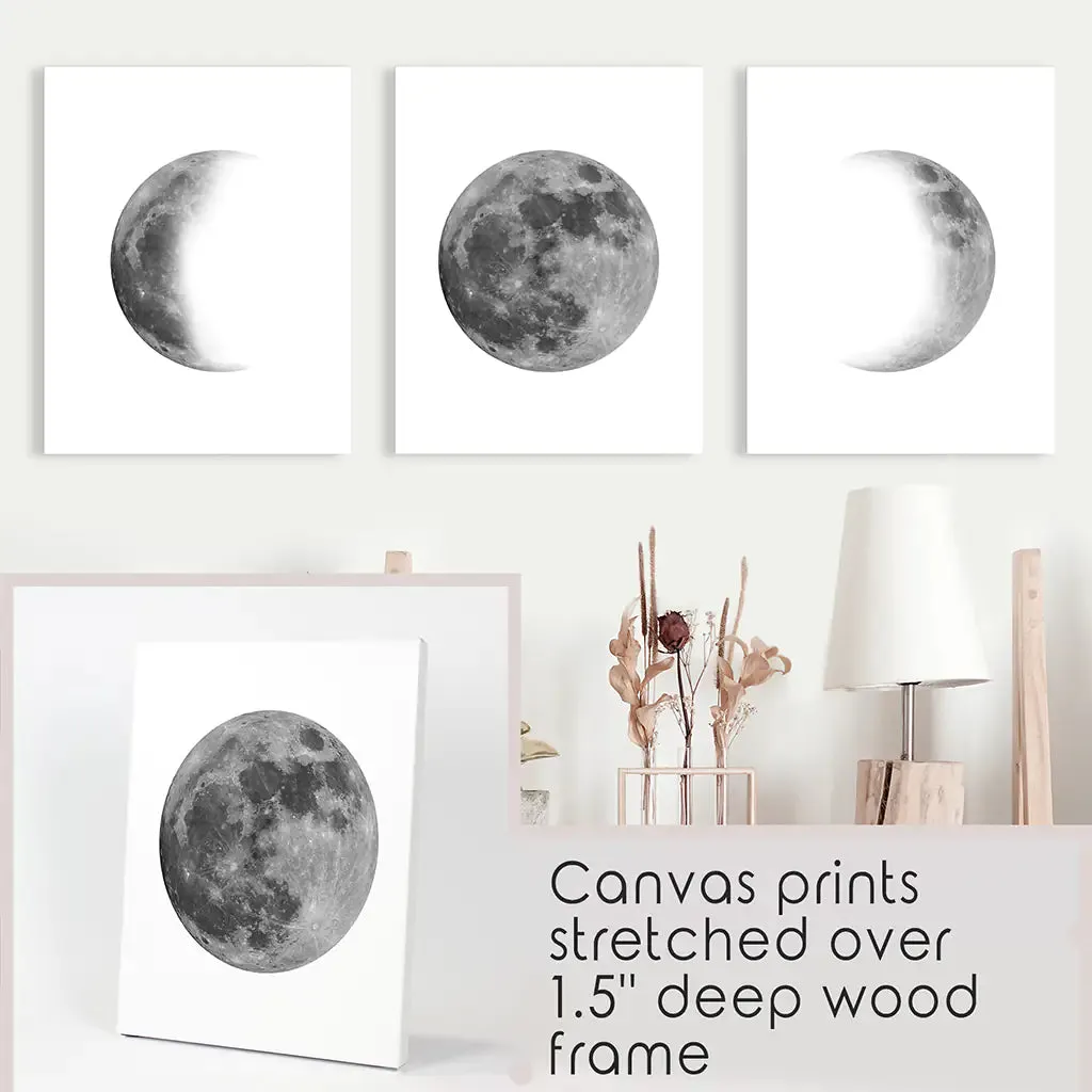 Black White MInimalist Moon Phases Wall Art. Set of 3 Prints