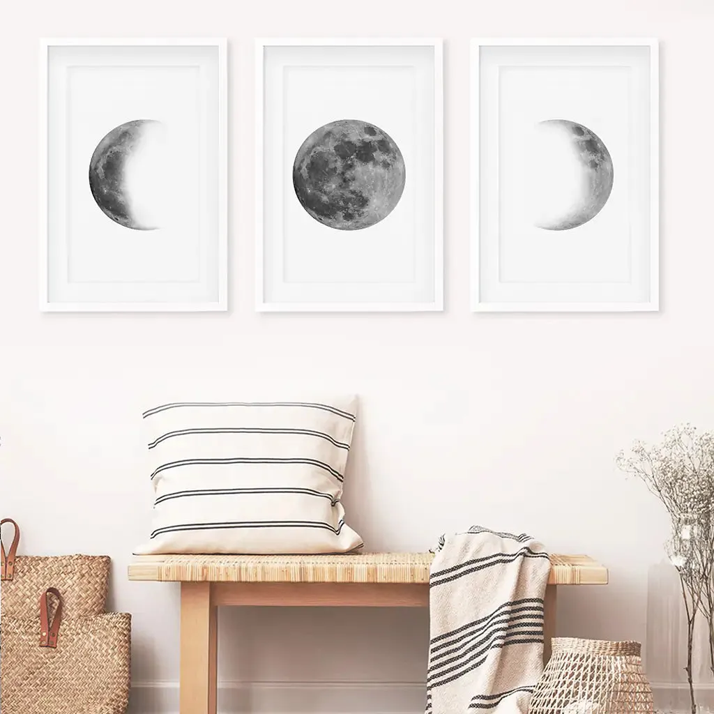 Black White MInimalist Moon Phases Wall Art. Set of 3 Prints