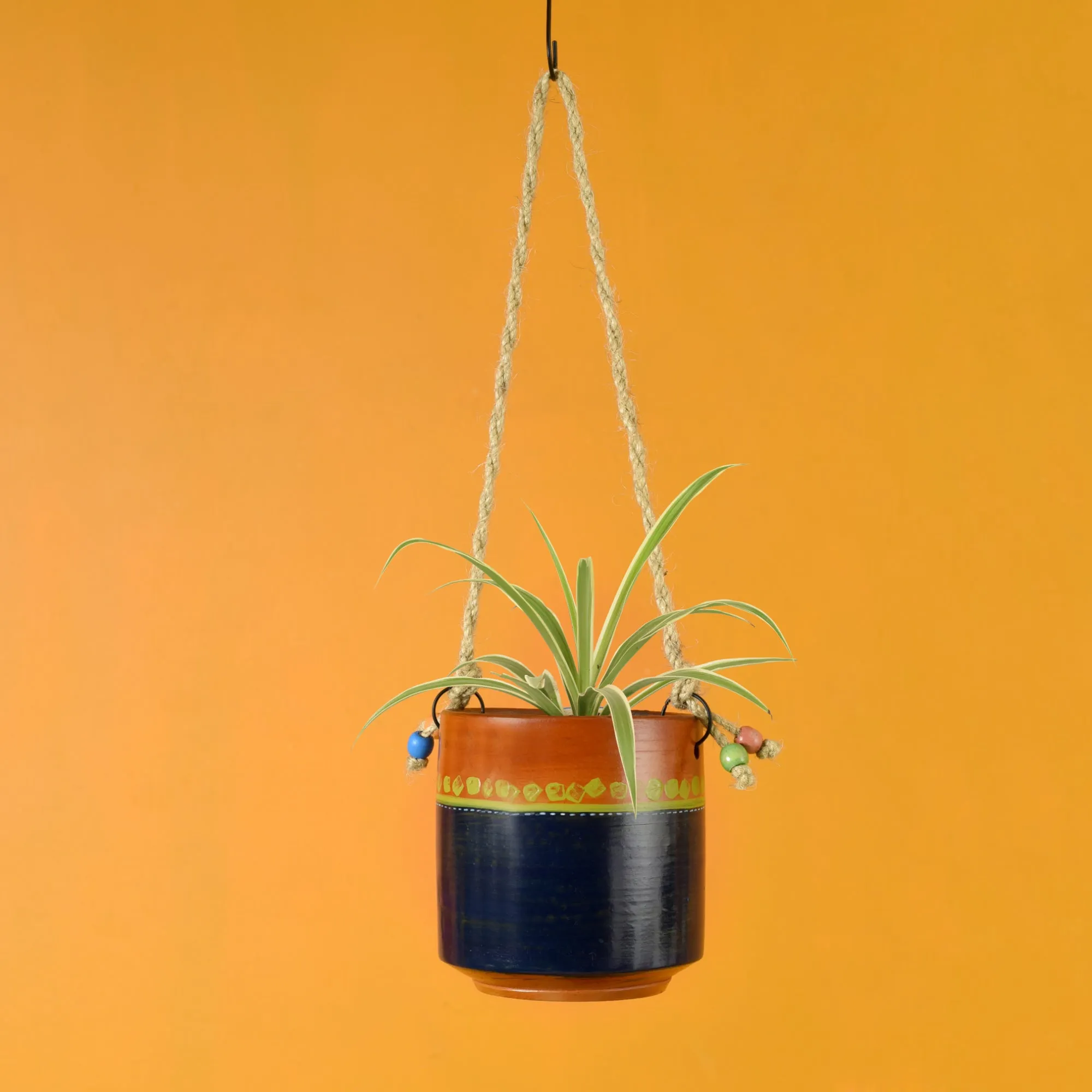 Blue-Brown Earthen Planter with Jute Hanger