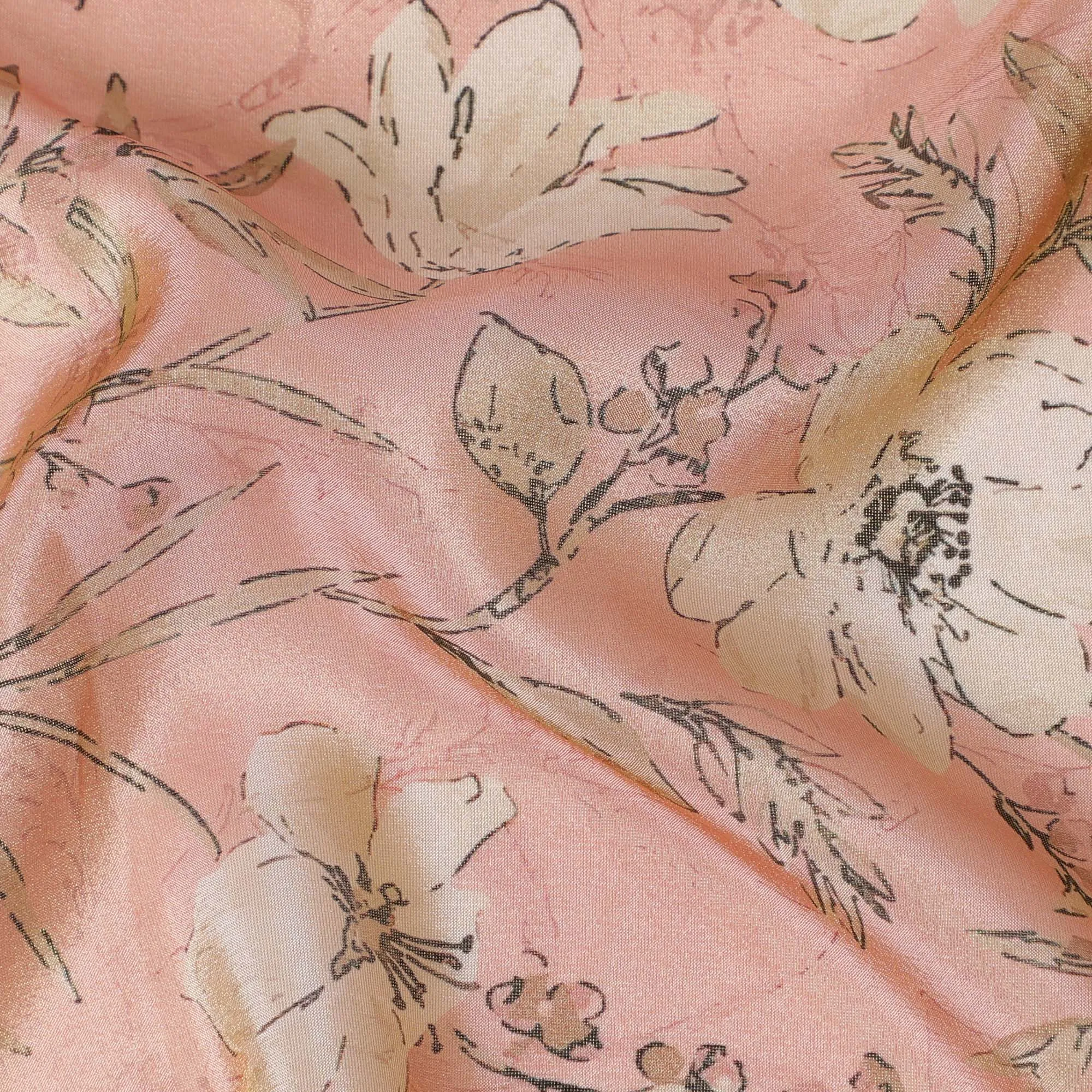 Blush Pink Organza Fabric - Delicate Ink-Drawn Floral Motif, 110cm Width, Subtle Luster-D18942