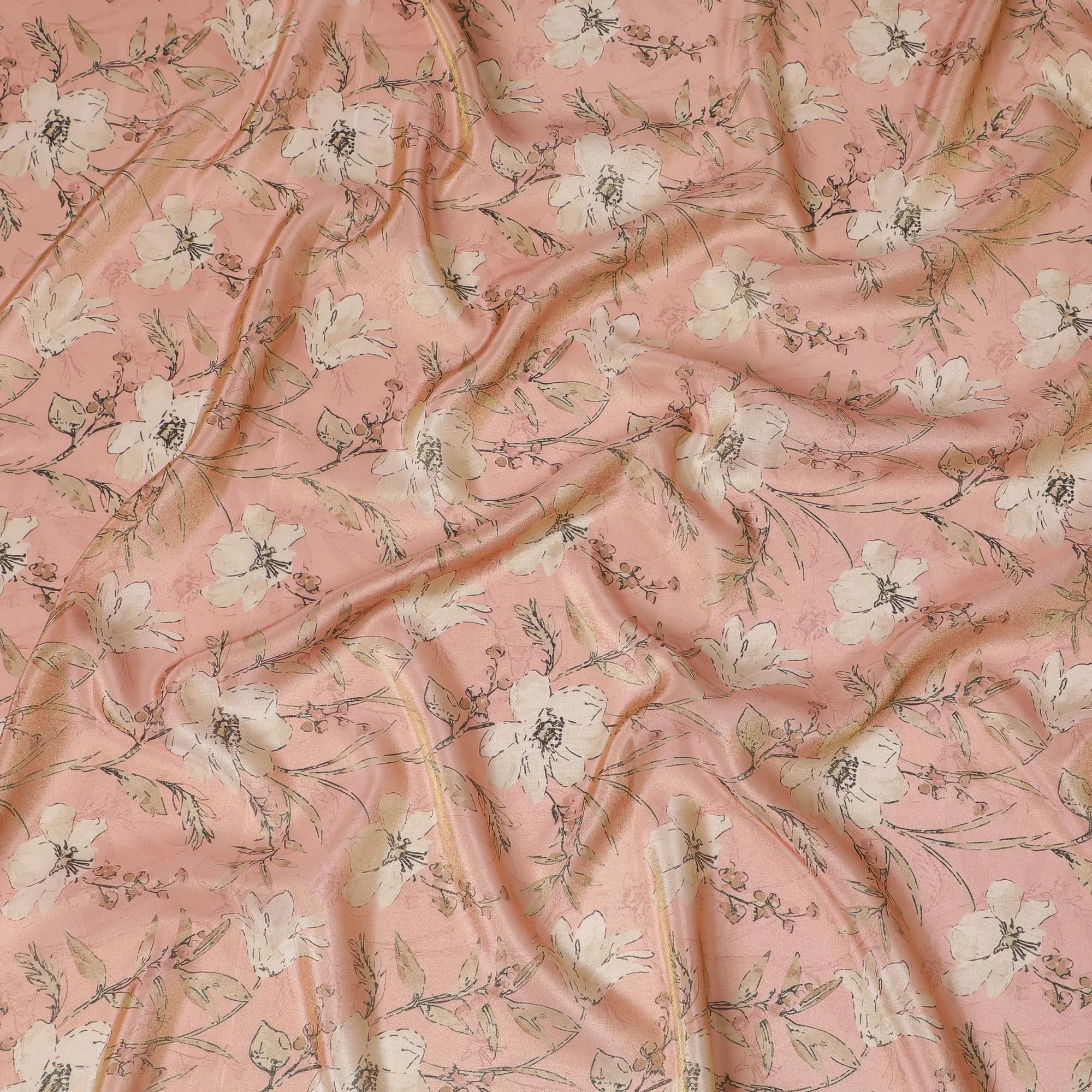 Blush Pink Organza Fabric - Delicate Ink-Drawn Floral Motif, 110cm Width, Subtle Luster-D18942