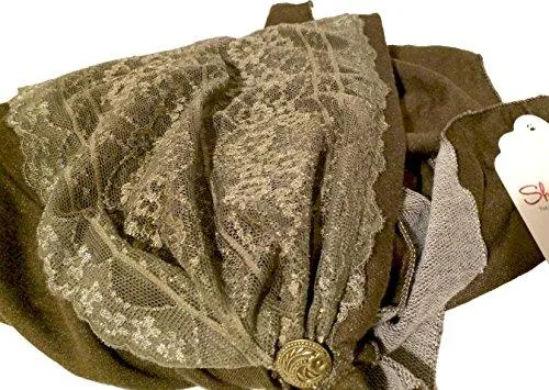 Boho Chic Artisan Head-scarf Tichel Embellished with Wide Floral Lace (Olive green - 333)