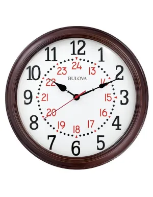 Bulova Station Master Wall Clock - 12 & 24 Hour Markers - Espresso Wooden Case