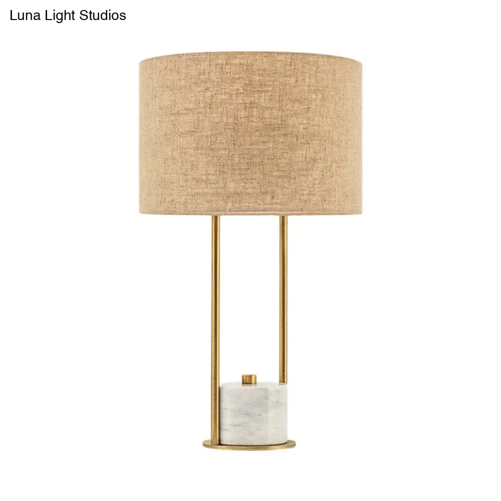 Colette - Modern Fabric Cylinder Nightstand Lamp - White/Beige with Marble Base.