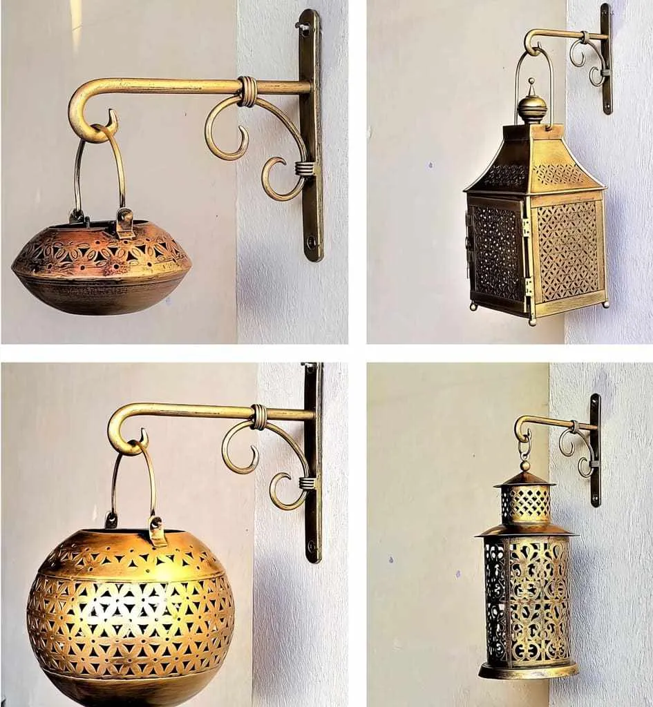 Golden Wall Lantern & Planters Lanterns Diya Hanger