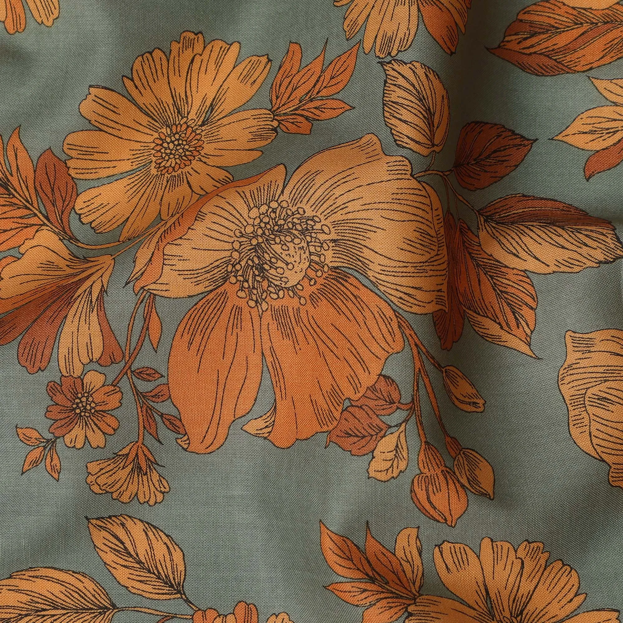 Green and Orange Floral Cotton Lawn Digital Print Fabric - 110 cm Width-D21221