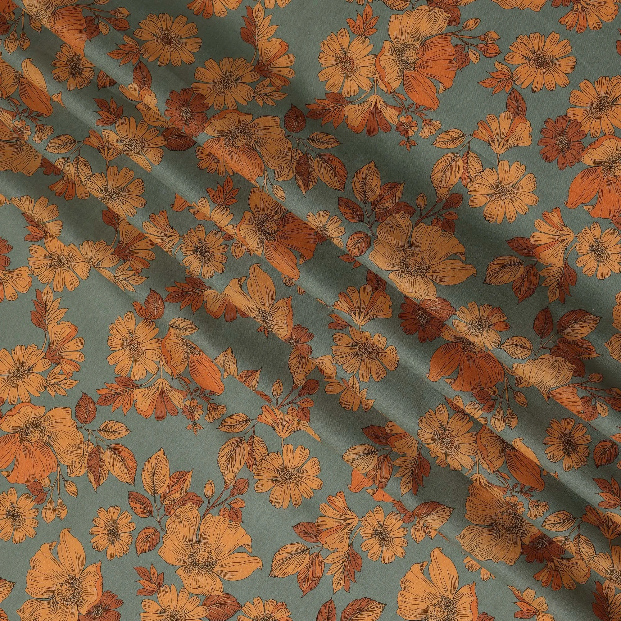 Green and Orange Floral Cotton Lawn Digital Print Fabric - 110 cm Width-D21221