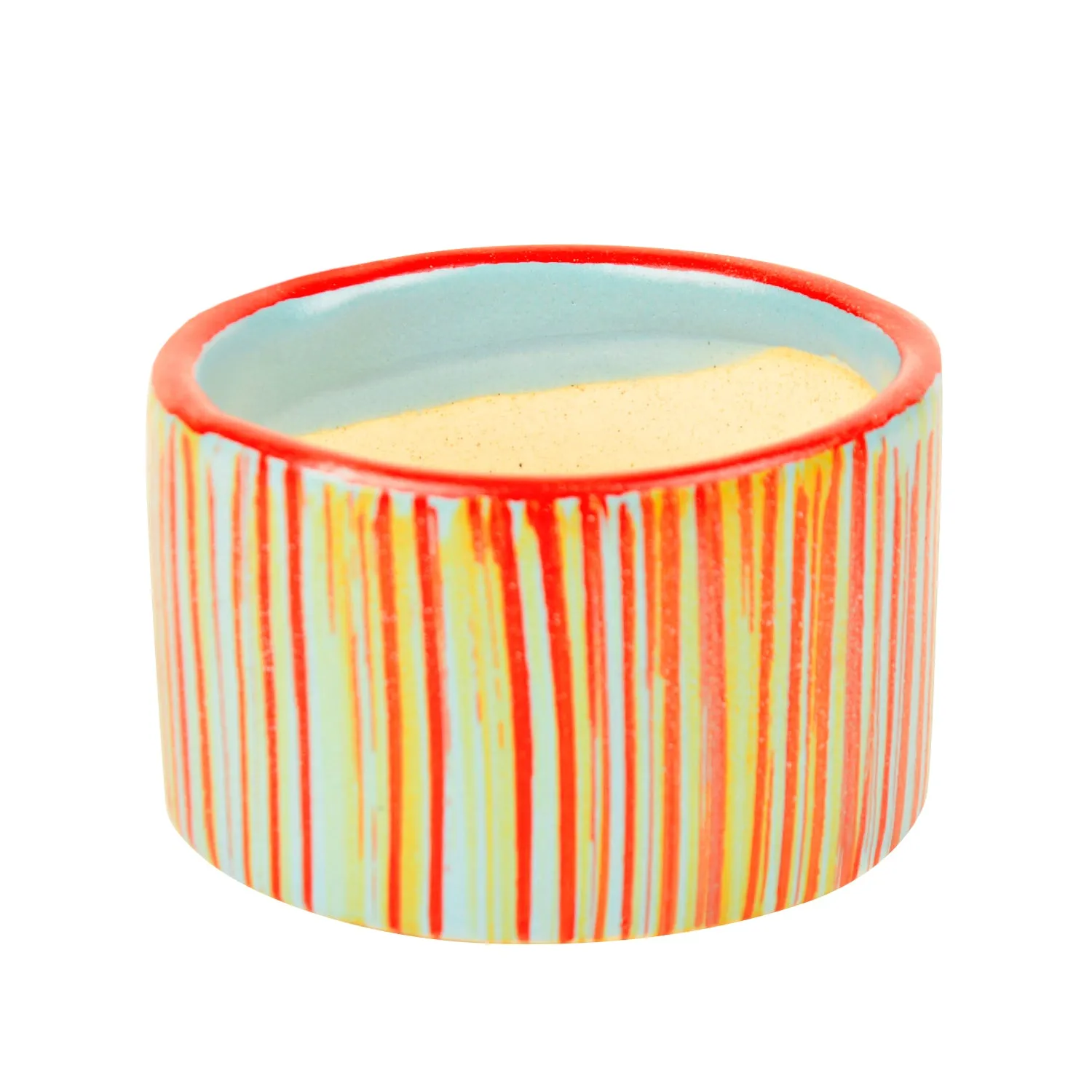 Handpainted Ceramic Round Striped Planter Pot (Blue and Red, Diameter – 9.5 cm, Height – 6.5 cm)