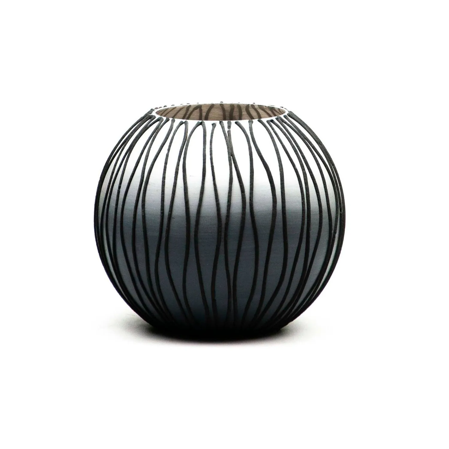 Handpainted Glass Vase - Decorative Home Decor -  Multitone Black Vertical Wave Design - Home Decor - 6 Inch Round Decorative Piece for Floral Arrangements