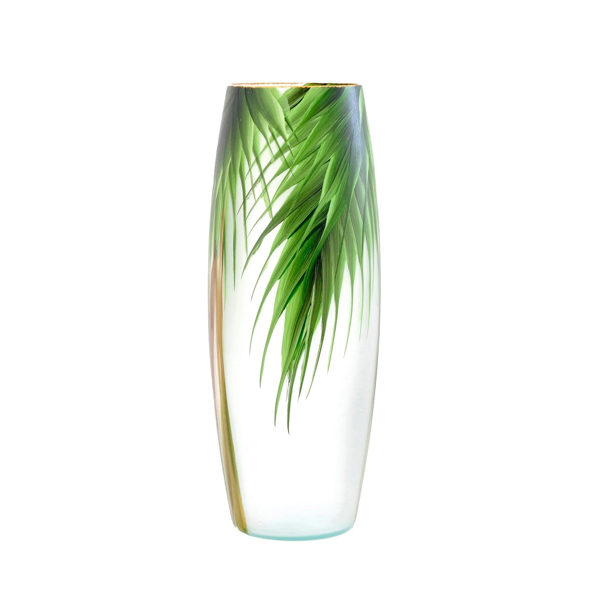 Handpainted Glass Vase - Palm Tree Decorative Design - Home Decor - 16 Inch Oval Unique Piece for Floral Arrangements