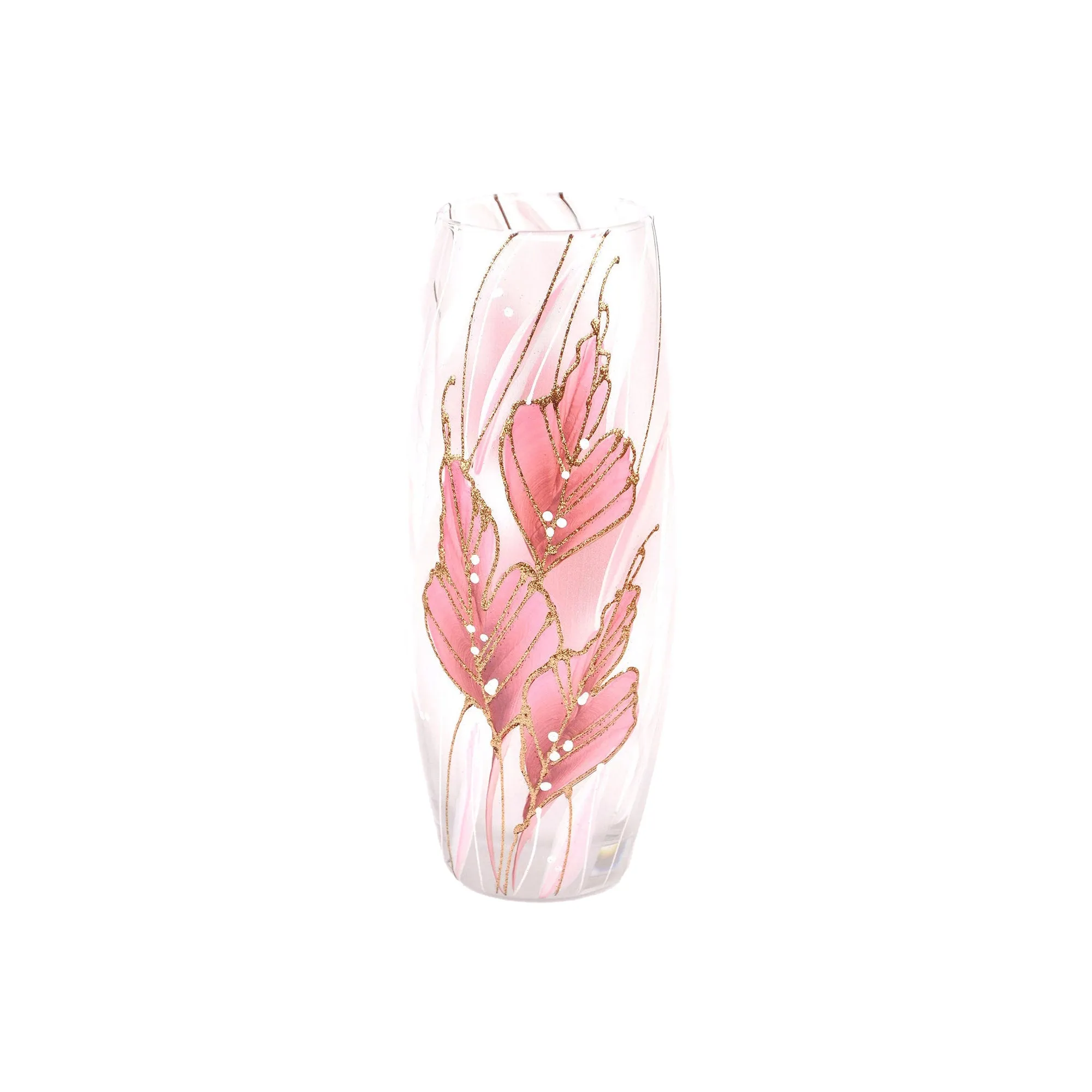 Handpainted Glass Vase - Pink and Gold Leaf Design - Luxury Decorative Vase - Home Decor - 10 Inch Oval Unique Piece for Floral Arrangements