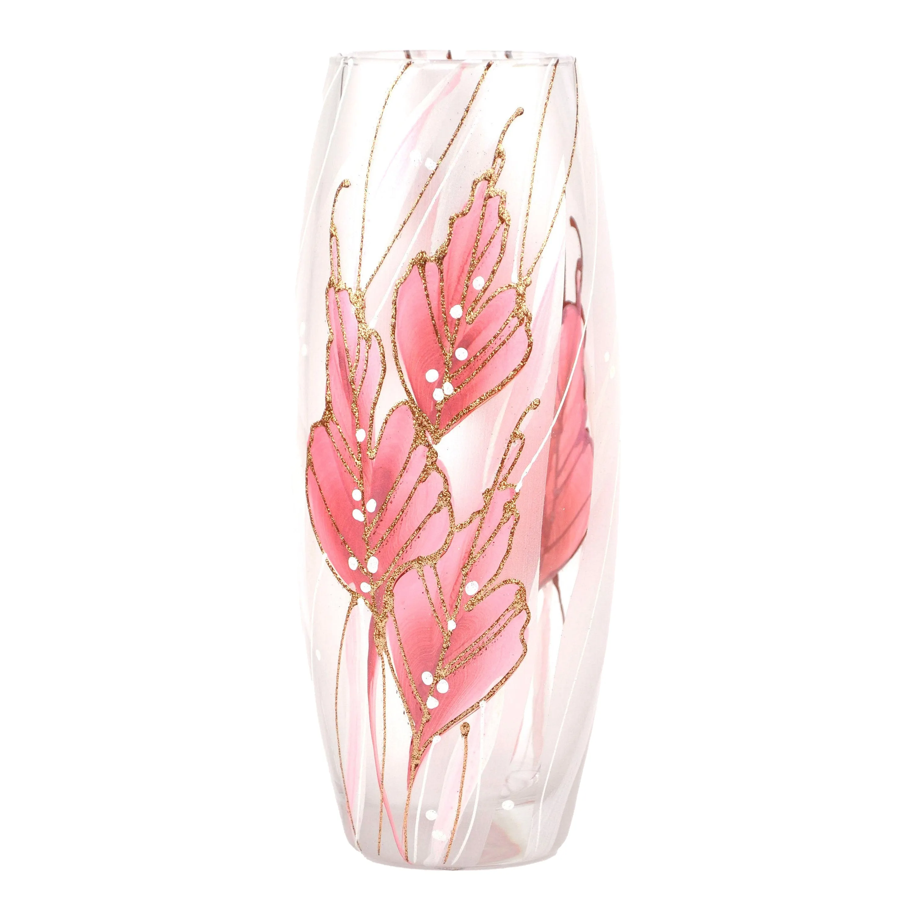 Handpainted Glass Vase - Pink and Gold Leaf Design - Luxury Decorative Vase - Home Decor - 10 Inch Oval Unique Piece for Floral Arrangements