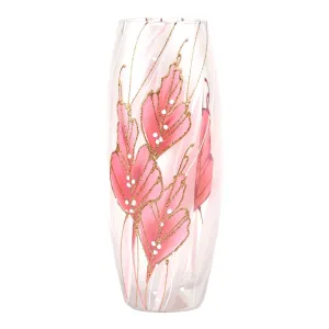 Handpainted Glass Vase - Pink and Gold Leaf Design - Luxury Decorative Vase - Home Decor - 10 Inch Oval Unique Piece for Floral Arrangements