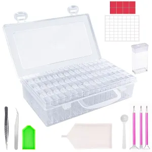 HASTHIP® 64 Grids Diamond Painting Storage Box, Diamond Painting Accessories Storage with Pick Up Pens, Diamond Trays Spoon Tweezers Label Sticker