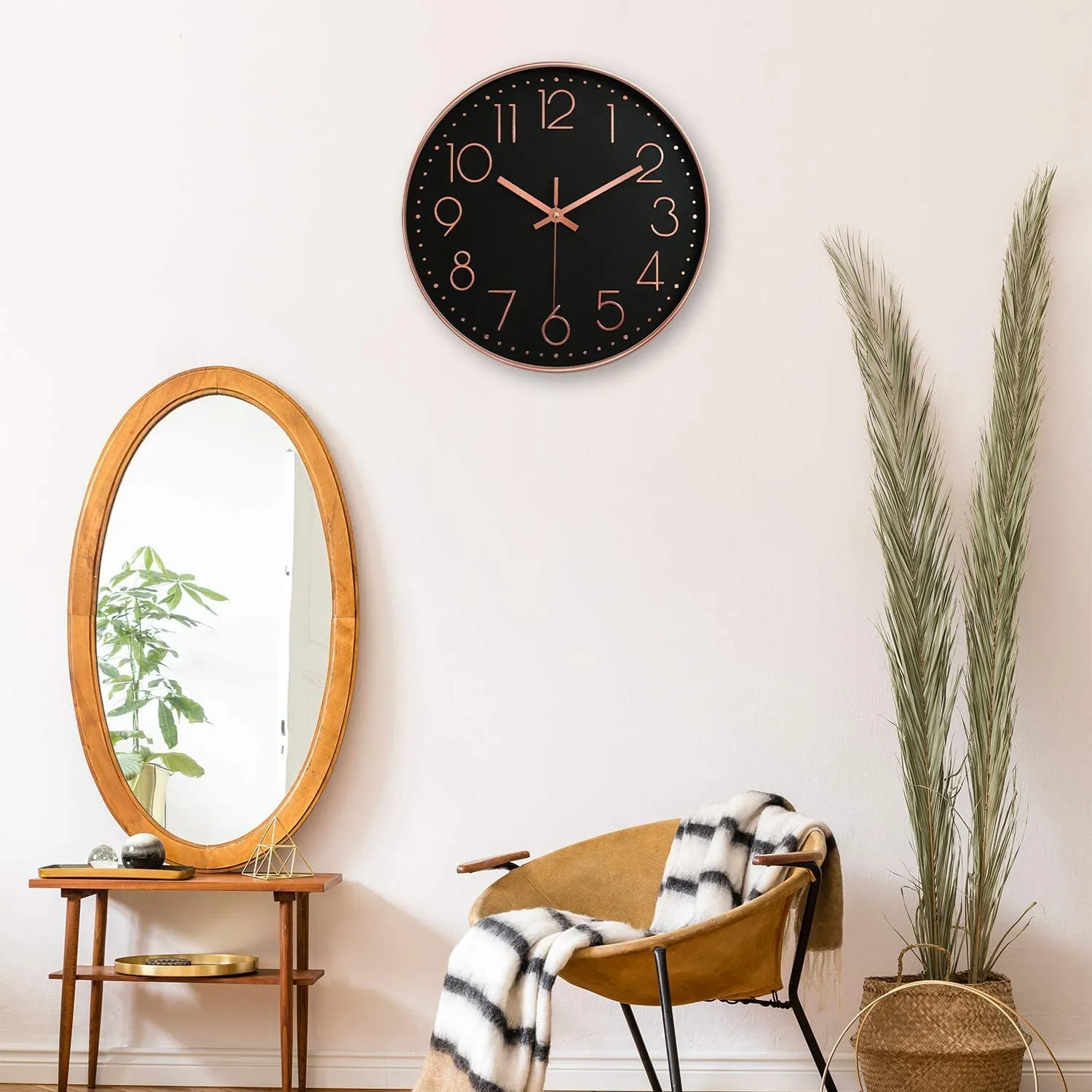 HOLLIO Wall Clock for Home 12.5" Silent Quartz Decorative Wall Clock Non-Ticking Classic Digital Clock Battery Operated Round Easy to Read Room/Home/Kitchen/Bedroom/Office/School (Black - Rose Gold)