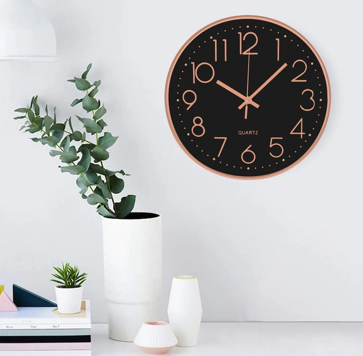 HOLLIO Wall Clock for Home 12.5" Silent Quartz Decorative Wall Clock Non-Ticking Classic Digital Clock Battery Operated Round Easy to Read Room/Home/Kitchen/Bedroom/Office/School (Black - Rose Gold)