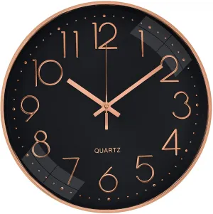 HOLLIO Wall Clock for Home 12.5" Silent Quartz Decorative Wall Clock Non-Ticking Classic Digital Clock Battery Operated Round Easy to Read Room/Home/Kitchen/Bedroom/Office/School (Black - Rose Gold)