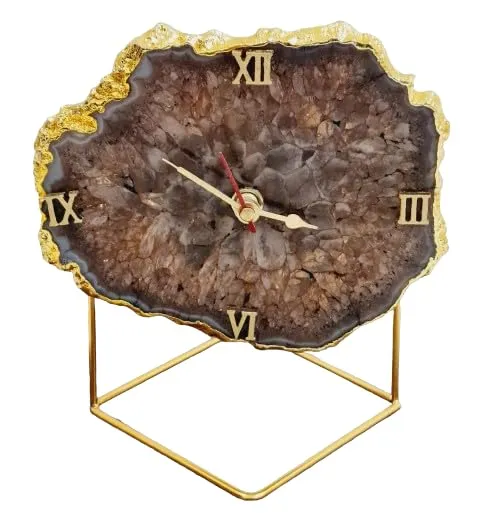 HOMEARTE INDIA Brazilian Agate Large Desktop Clock with Metal Stand Table Clock for Living Room Decor Ideal for Home Decor Accent Piece for Gifting -Brownish