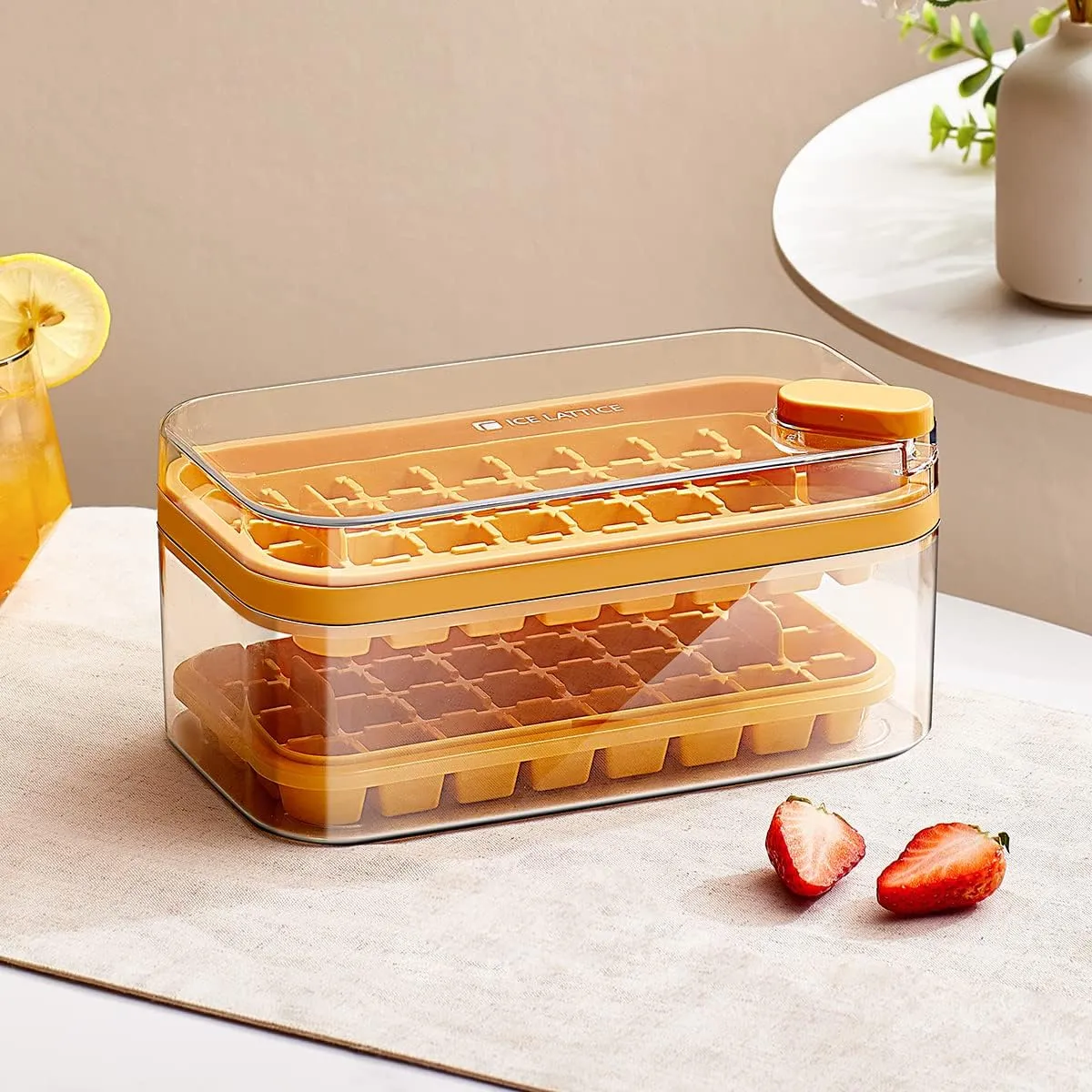 Homestic 2 Layer Ice Cube Tray with Lid | Ice Cube Storage Box with Ice Scoop | 64 Ice Cube Molds for Freezing | One-Press Demolding | BPA Free | Orange