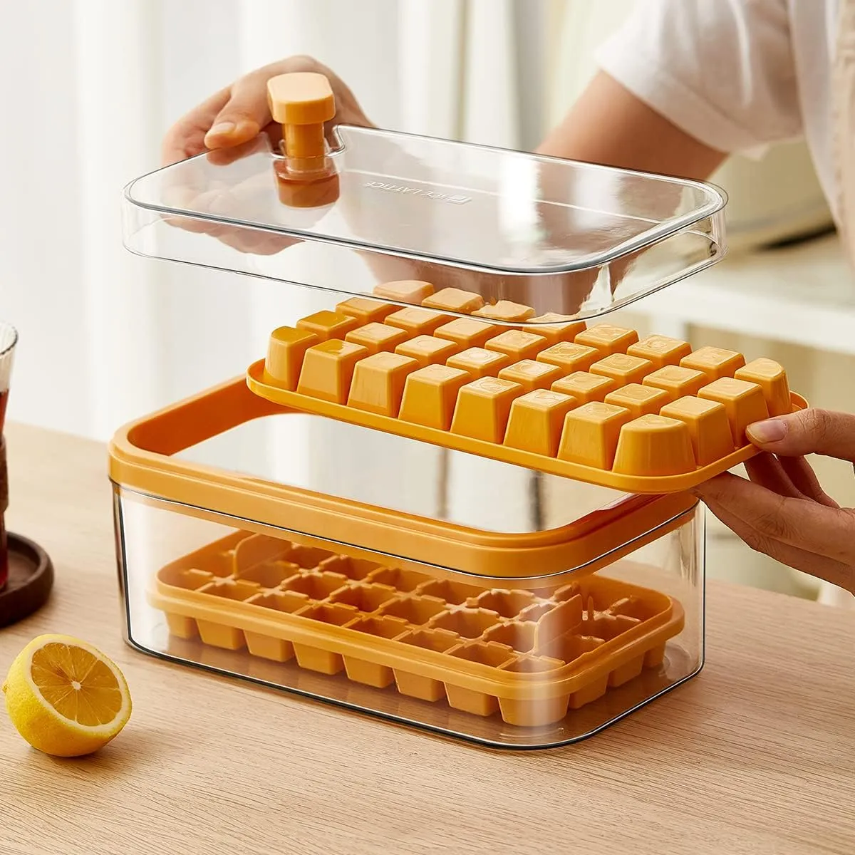 Homestic 2 Layer Ice Cube Tray with Lid | Ice Cube Storage Box with Ice Scoop | 64 Ice Cube Molds for Freezing | One-Press Demolding | BPA Free | Orange