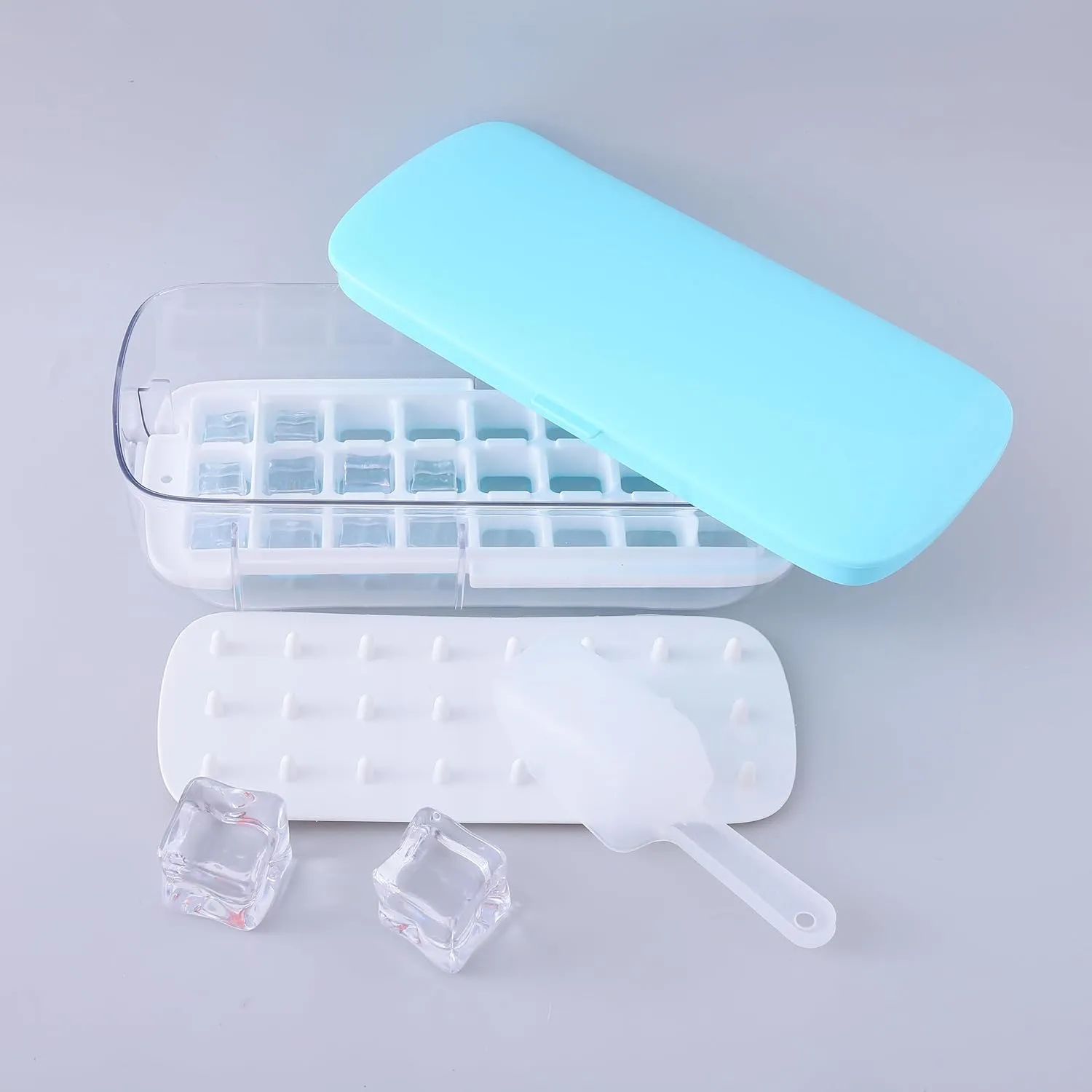 Homestic Ice Cube Tray with Lid | Ice Cube Storage Box with Ice Scoop | 24 Ice Cube Molds for Freezing | One-Press Demolding | BPA Free | Blue