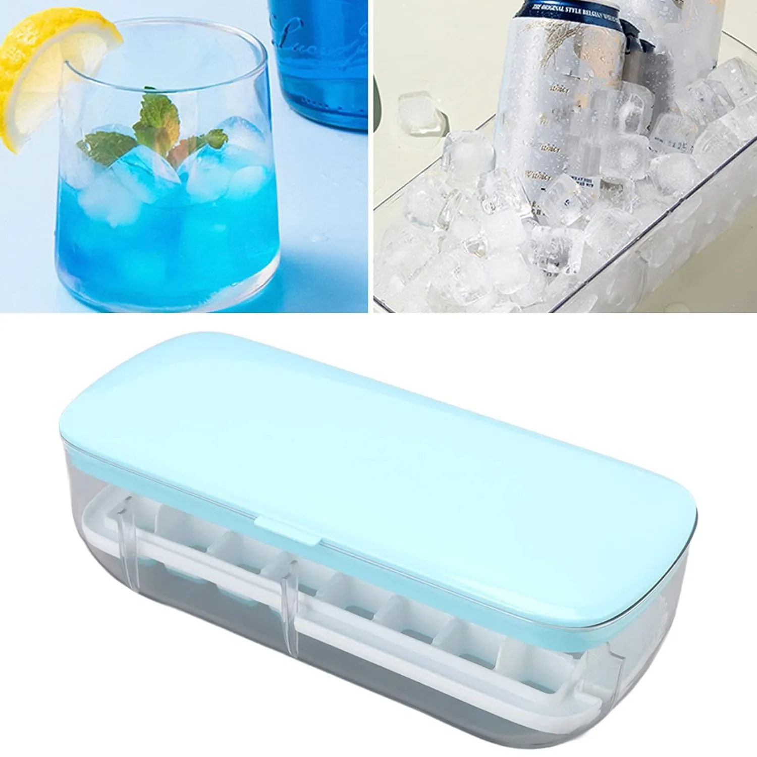 Homestic Ice Cube Tray with Lid | Ice Cube Storage Box with Ice Scoop | 24 Ice Cube Molds for Freezing | One-Press Demolding | BPA Free | Blue