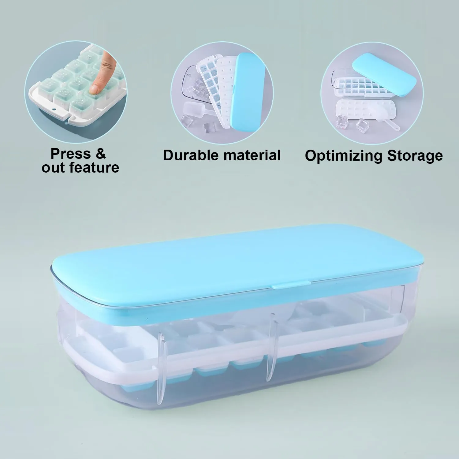 Homestic Ice Cube Tray with Lid | Ice Cube Storage Box with Ice Scoop | 24 Ice Cube Molds for Freezing | One-Press Demolding | BPA Free | Blue