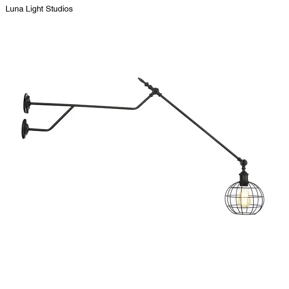 Industrial Black Metal Sconce: Single Bulb Wall Mounted Lamp with Cage