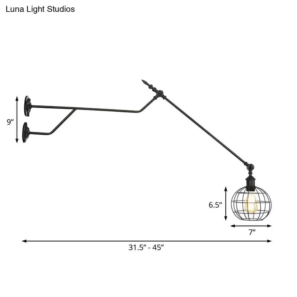 Industrial Black Metal Sconce: Single Bulb Wall Mounted Lamp with Cage