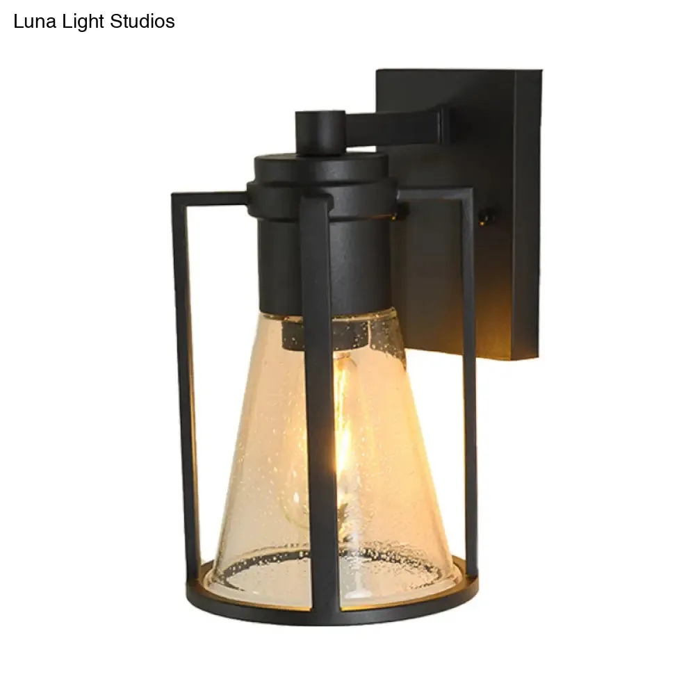 Industrial Black Sconce with Seeded Glass and Metal Cage