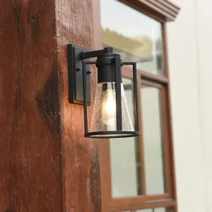 Industrial Black Sconce with Seeded Glass and Metal Cage