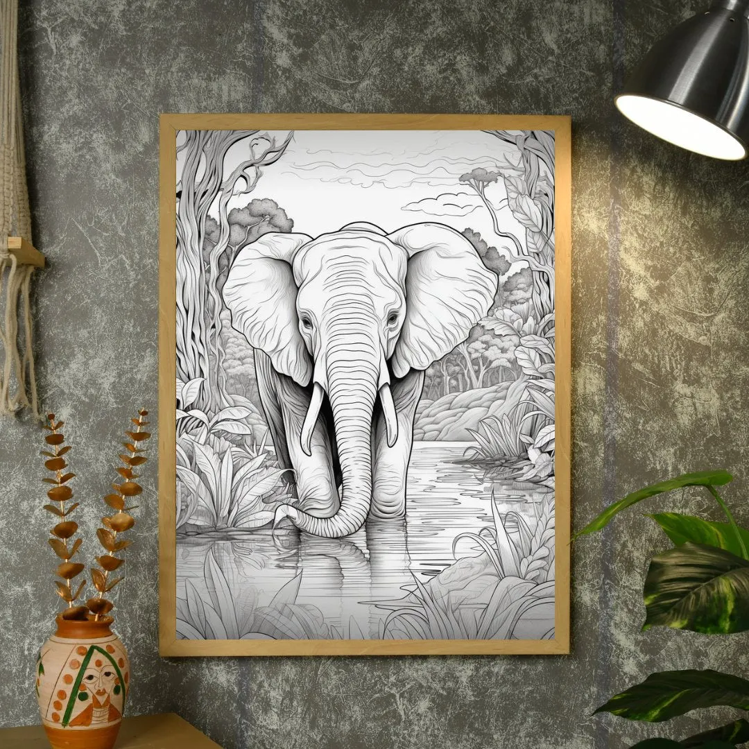 Jungle Symphony: Handcrafted Line Art Elephant Canvas – Premium Indian-Inspired Wall Art for Modern Home Decoration